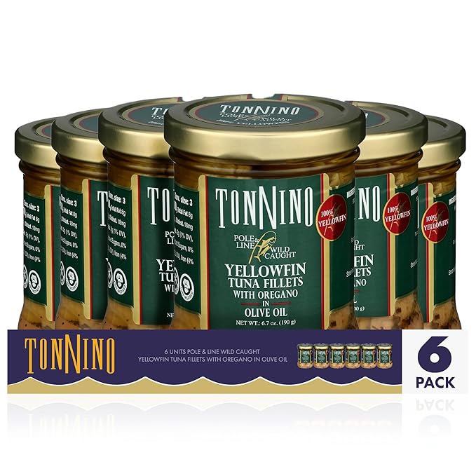 Tonnino Tuna Fish Yellowfin Pole&Line ??Oregano ??Pack of 6 ??Alternative to Salmon ??Protein Snacks ??Ready to Eat Meals in Jar