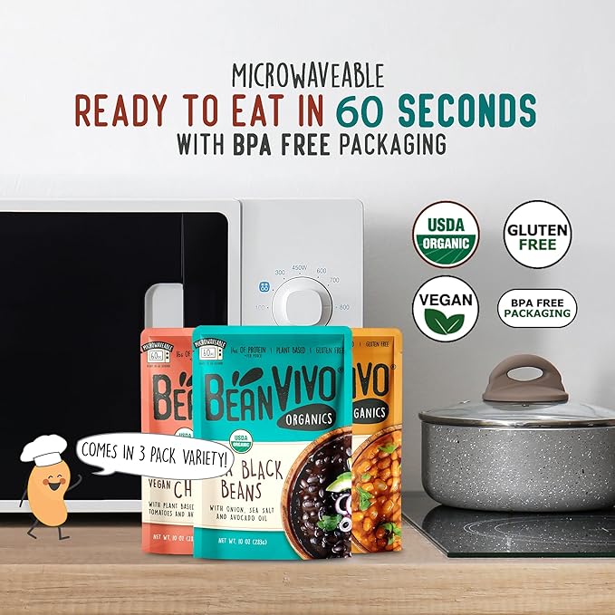 BeanVIVO - Variety 3 Pack (10 oz each) - Organic Baja Black Beans, Three Bean Vegan Chili, BBQ Pinto Beans - Seasoned & Ready to Eat, Plant Protein, Vegan, Gluten Free, Microwaveable, Instant Meals