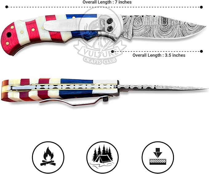 Damascus Steel Pocket Knife with Clip and Leather Sheath - EDC Knife for Outdoor and Camping Activities, Handmade Folding Knife, Free knife Sharpner (American Flag handle) (American Flag Handle)