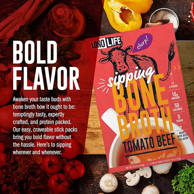 LonoLife Tomato Beef Bone Broth Powder Mix | Grass-Fed, 10g Protein | Collagen-Rich, Keto & Paleo Friendly | Natural Ingredients | 24 Portable Stick Pack Servings