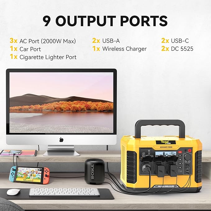 Togo POWER A2000 Portable Power Station 2000W-1799Wh Solar Generator LiFePO4 Battery Backup with AC Outlets(4000W Peak)-Fast Charge in 1.5H,10ms EPS Switch for RV Trip,Home use,Camping,Outage