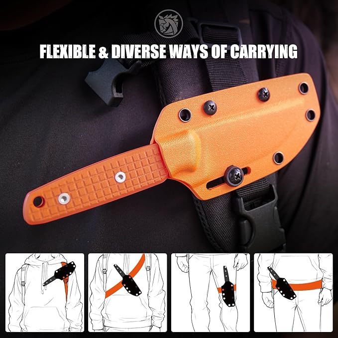 Vosteed Mink EDC Fixed Blade Knife - 3.33?™â€?Nitro-V Dual Jimping Blade with Sheath, Full-Tang Orange Handle, Great for Outdoor Camping - D0105