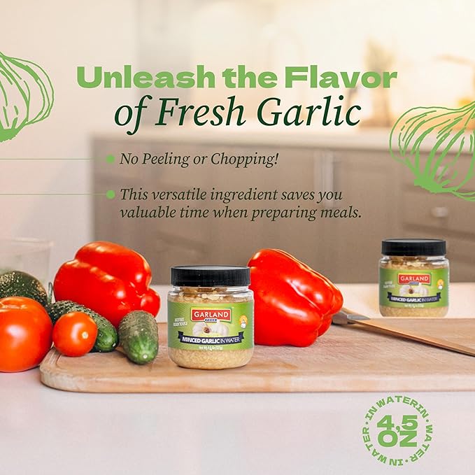 Garland Food Minced Garlic in Water 4.5 oz ??Made in the USA - Minced Garlic in Jar for Fresh Flavor, Time-Saving Prep, and Versatile Uses in Every Dish