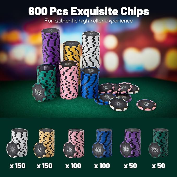 GYMAX Poker Chips Set, 600 PCS Texas Hold 'em Casino Chip Set w/Carrying Case, 6 Decks of Cards, 5 Dices & 3 Dealer Buttons, Poker Felt, Card Shuffler, Card Shoe, for Blackjack Gambling (600 PCS)