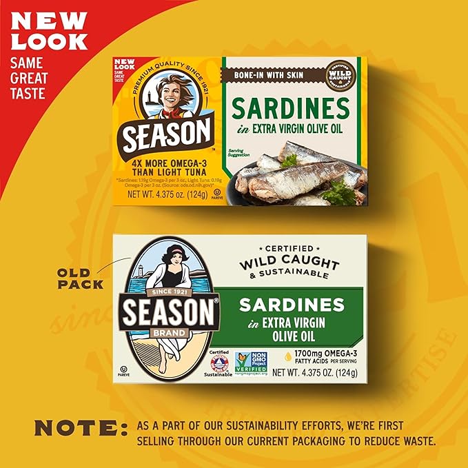 Season Sardines in Extra Virgin Olive Oil - Wild Caught, 22g of Protein, Keto Snacks, More Omega 3's Than Tuna, Kosher, High in Calcium, Canned Sardines - 4.37 Oz Tins, 24-Pack