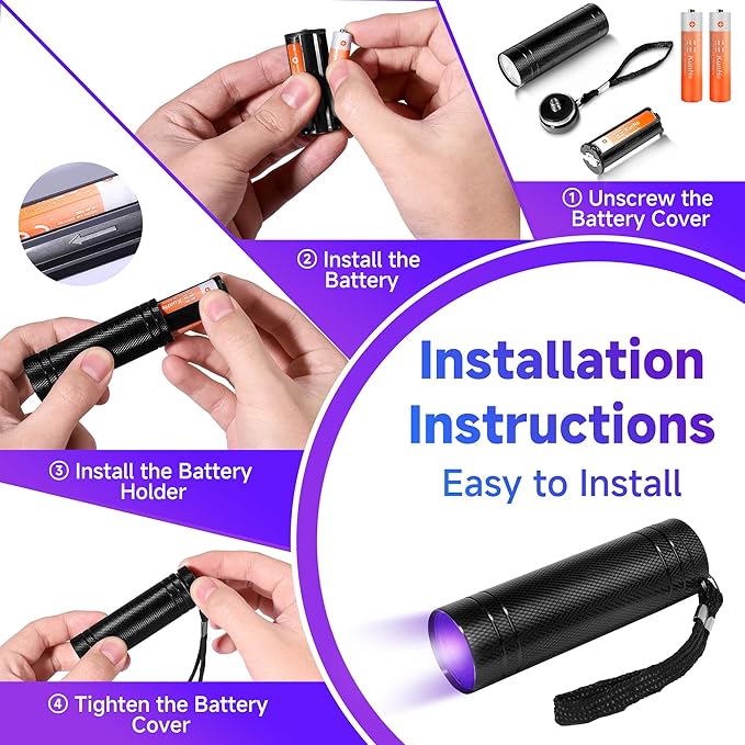 KunHe 60 Pack UV Flashlight 395nm Black Light Mini AAA Battery Ultraviolet LED Woods Lamp Powerful Portable Pet Urine Detector for Dogs Cats Dry Stains Bed Bugs Scorpions Finder Resin Curing