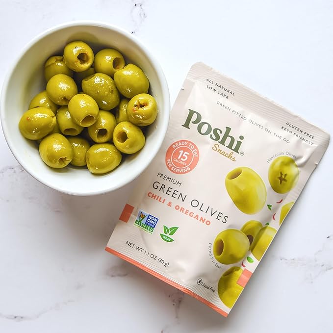 POSHI Green Pitted Olives - Chili & Oregano | Vegan, Kosher, Gluten Free + Keto Friendly, Fresh, All Natural Low Calorie Healthy Snacks | (30 Pack, 1.1oz Bags)