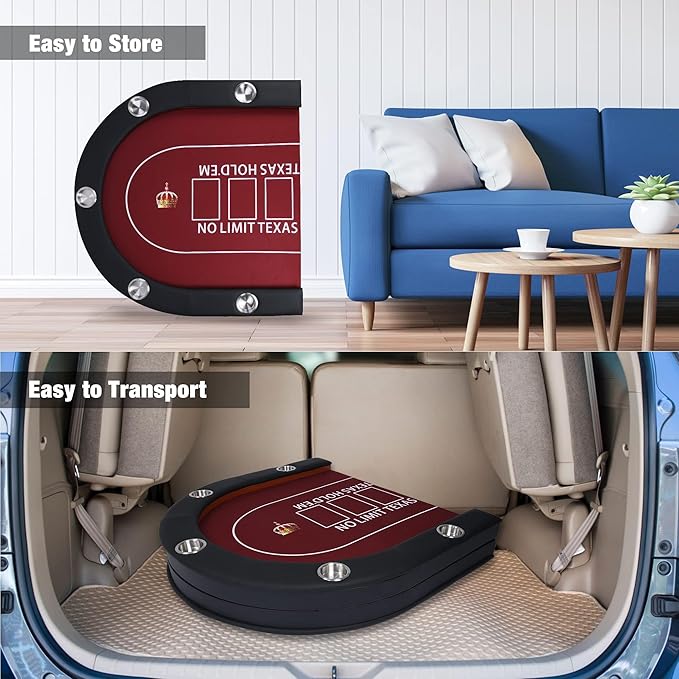 LUCKYERMORE Upgraded 10 Players Poker Table with Cup Holder, 91’’ Extra Large Folding Casino-Style Texas Game Poker Tables with Padded Rails, Red Felt Surface, Fully Assemble