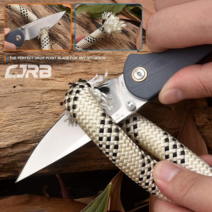 CJRB Folding Knife Feldspar Pocket Knife Stonewash D2 Steel Blade G10 Tactical Handle EDC Knife, Blue Handle-Small (J1912)