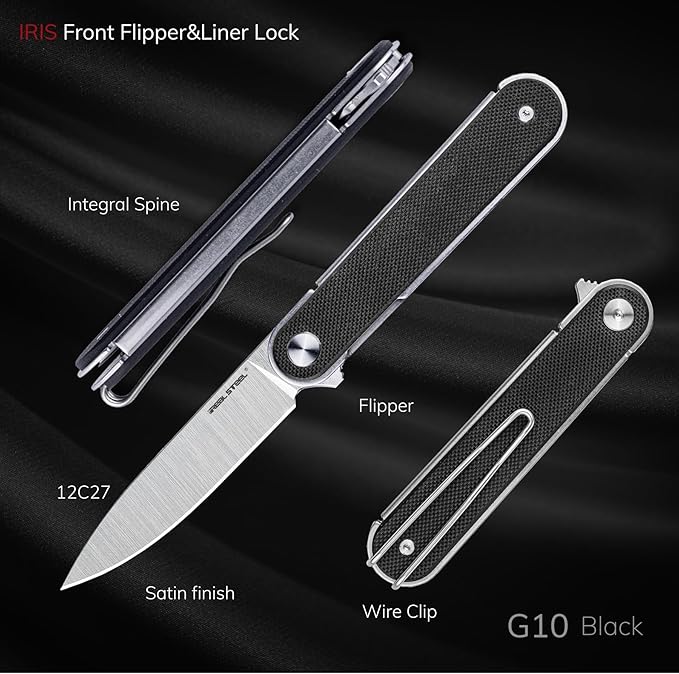 REALSTEEL IRIS Pocket Knife, Folding Knife, Flipper, Liner Lock, 2.99" 12C27 Steel Blade, Lightweight G10 Handle, 1.74oz, Deep-carry Pocket Clip, EDC Outdoor Indoor, Gifts for Men Women Camping Hiking Climbing Fishing (Black G10)