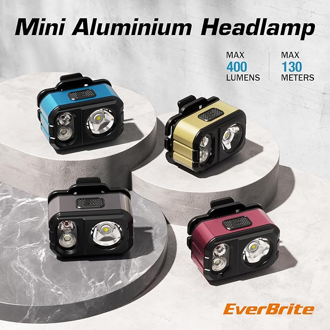 EverBrite Rechargeable LED Headlamp, Only 1.59 OZ Ultra-Light with Hat Clip, IP67 Waterproof, White/Red/Green Light, 7 Modes for Camping, Running and Backpacking-Blue