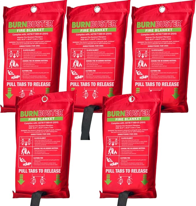 5-Pack Emergency Fire Blanket - ASTM Certified Fire Suppression Blanket for Home, Kitchen, Grill, Camping, Car & More - 40" x 40" Flame Retardant Fabric, No Mess, Easy Deployment
