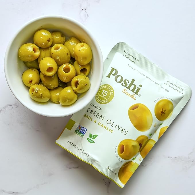 POSHI Green Pitted Olives - Basil & Garlic | Vegan, Kosher, Gluten Free + Keto Friendly, Fresh, Low Calorie Healthy Snacks | (30 Pack, 1.1oz Bags)