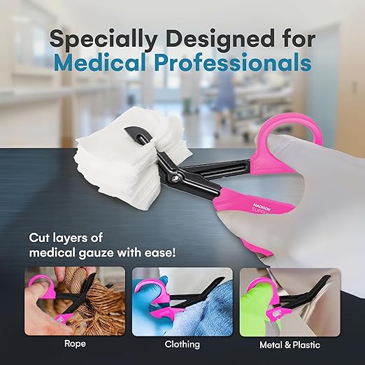 Madison Supply Medical Scissors, EMT and Trauma Shears - 7.5 Inch Quality Stainless Steel Bandage Scissors - Fluoride-Coated with Non-Stick Blades - 2 Pack (Pink/Purple)
