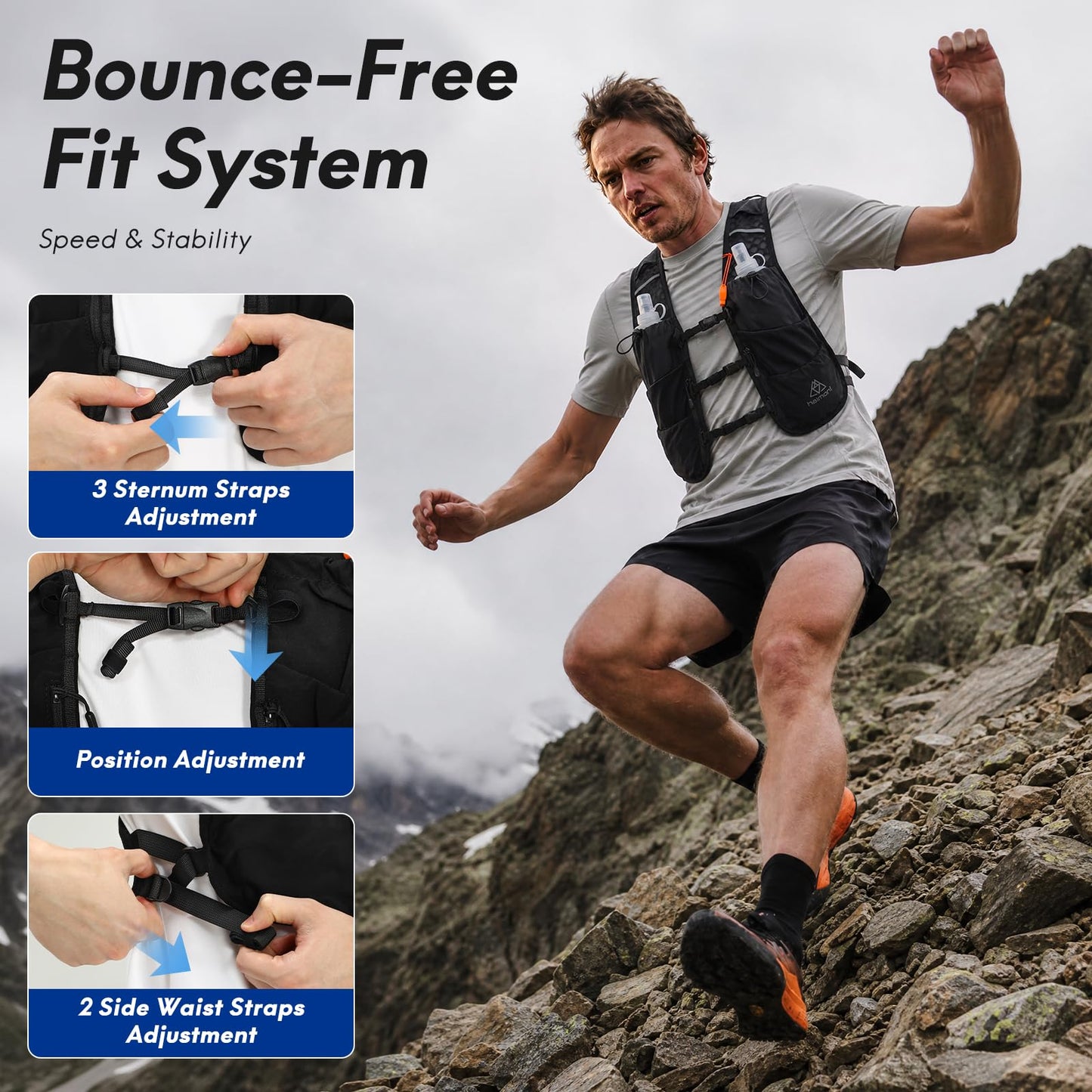 Haimont 5L Trail Running Hydration Vest with Soft Flasks, Black, M