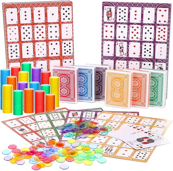 Zubebe 654 Pack Poker Keno Game Set, 6 Deck of Multicolor Playing Cards, 600 Transparent Scoring Chips, Large Boards, Poker Bingo Set Keno Board Game for Family Gathering Casino Play Night (Mixcolor)