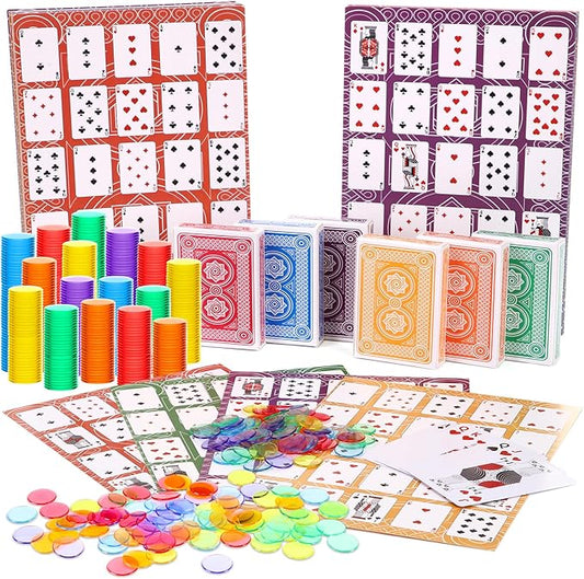 Zubebe 654 Pack Poker Keno Game Set, 6 Deck of Multicolor Playing Cards, 600 Transparent Scoring Chips, Large Boards, Poker Bingo Set Keno Board Game for Family Gathering Casino Play Night (Mixcolor)