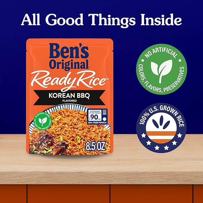 BEN'S ORIGINAL Ready Rice Korean BBQ Flavored Rice, Easy Dinner Side, 8.5 OZ Pouch (Pack of 12)