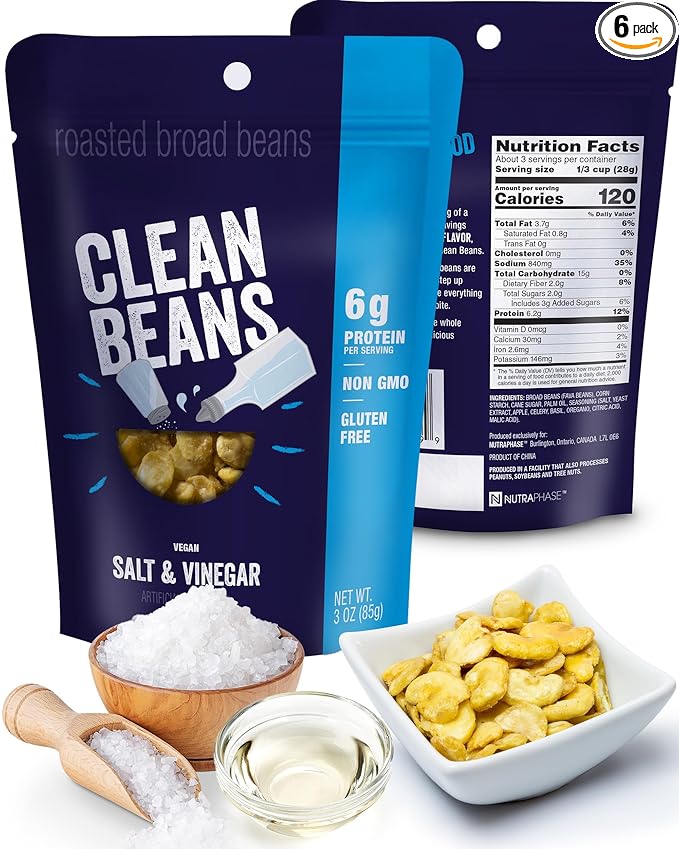 Clean Beans Broad Fava Beans Snack - Salt & Vinegar Flavor, 6g Protein, Low Sugar, Non-GMO, Non-Gluten - On The Go Office Snack - Nutraphase, 85g x 6-Count