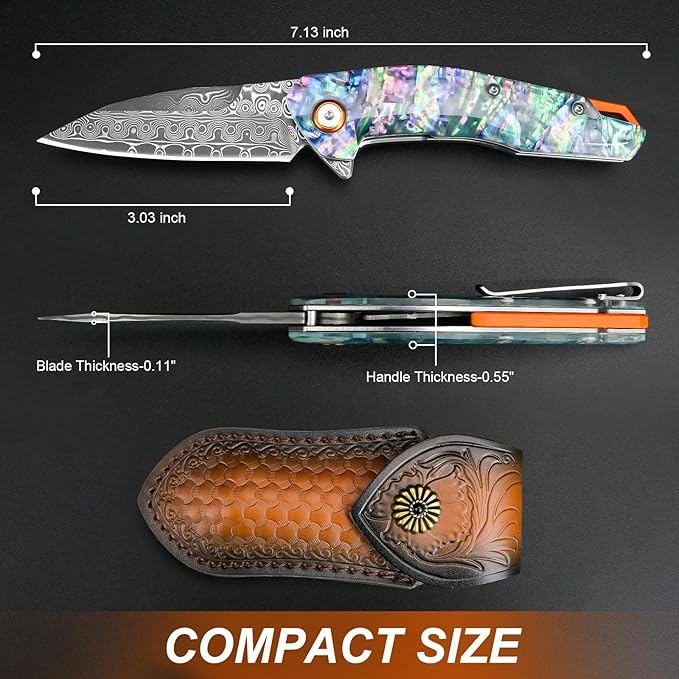 Damascus Pocket Knife, 3.03" VG10 Damascus Steel Blade Folding Knife with Abalone Shell Handle, EDC Camping Knives for Outdoor Indoor, Gifts for Women Men
