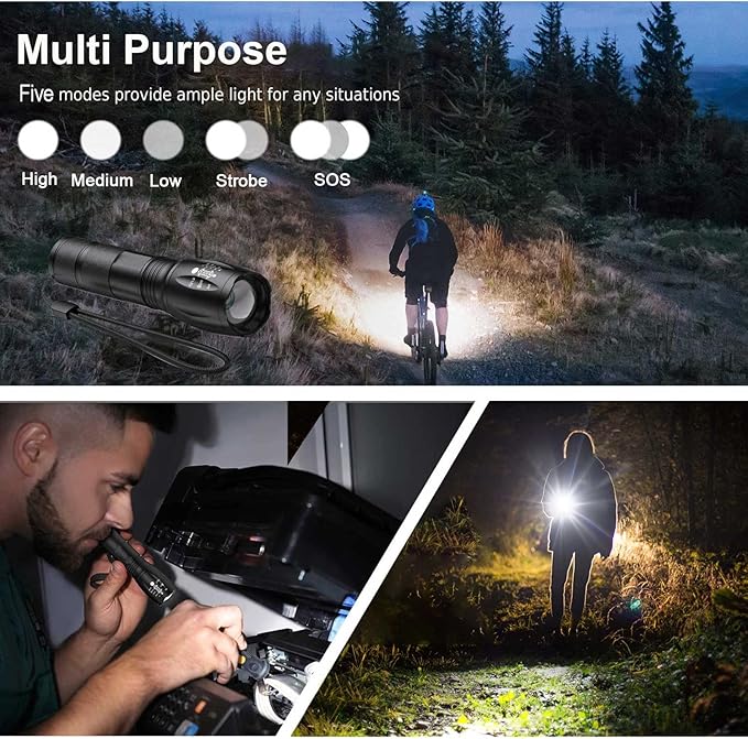 2 Pack LED Tactical Flashlights High Lumens Lights Portable Waterproof Zoomable Flashlight with 5 Modes for Camping/Outdoor/Hiking/Gift-Giving/Emergency