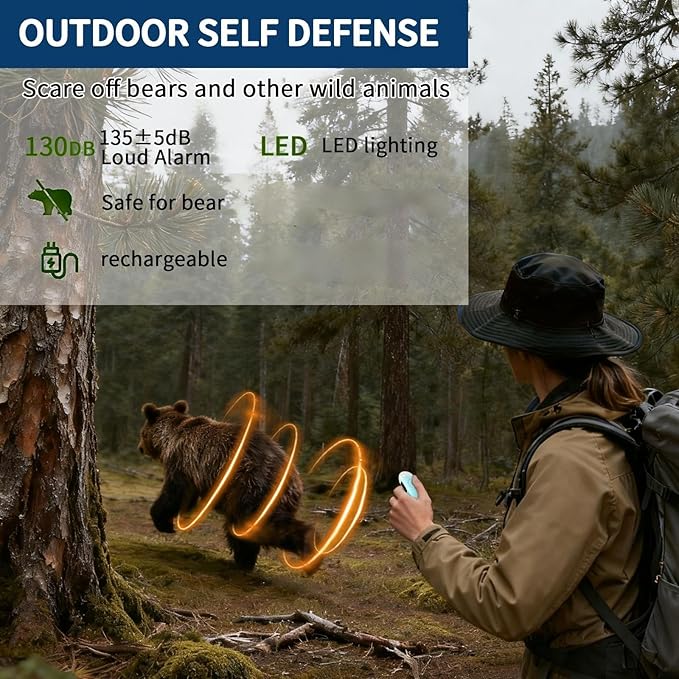 Rechargeable Bear Horn with 130dB Loud Alarm & LED Strobe Light – Ultra-Lightweight Personal Safety Horn for Hiking, Camping, Wildlife Protection ,Bear-Protection（White）