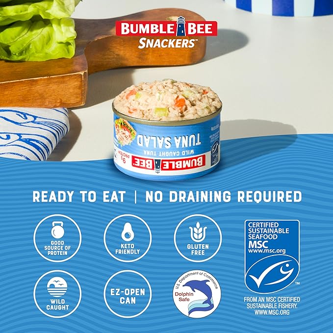 Bumble Bee Snackers - Tuna Salad, 3 oz Easy Open Can - 9g Protein per Serving - Wild Caught Skipjack Chunk Light Tuna Pack - No Draining, Ready to Eat