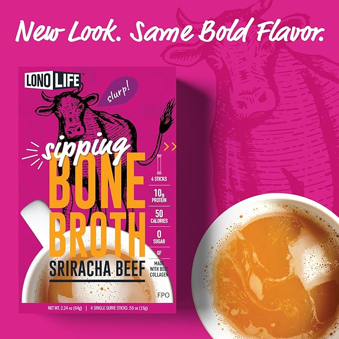 LonoLife Sriracha Beef Bone Broth Powder Mix | Grass-Fed, 10g Protein | Collagen-Rich, Keto & Paleo Friendly | Natural Ingredients | 4 Portable Stick Pack Servings