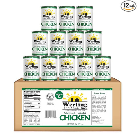 Werling & Sons Canned Chicken 14.5 Oz– Fully Cooked, Ready to Eat | Premium Quality, Recipe-Ready Canned Meat | 5-Year Shelf Life | Pantry Staple for Camping, Survival & Emergency Use | Made in USA | Pack of 12