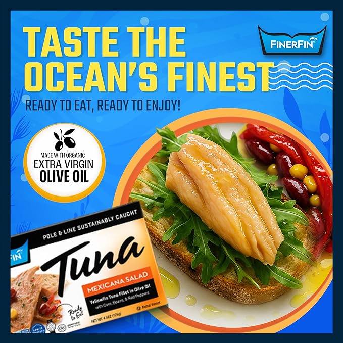 FinerFin Yellowfin Tuna In Organic Olive Oil ??Mexicana Salad Flavor (4.4oz can - 6 Pack); Premium Canned Fish with EVOO, Gourmet Ready-to-Eat Fillets, Wild-Caught