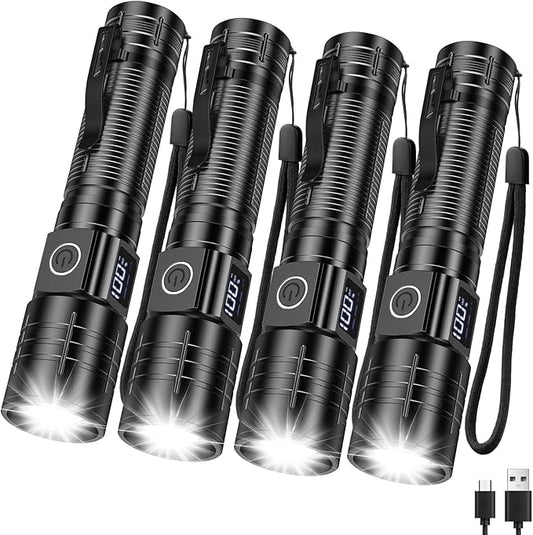 AdamStar Flashlights High Lumens Rechargeable Super Bright LED Flashlight with Dimmable, Zoomable Beam Tactical Flash Lights Small Powerful (4-Pack)