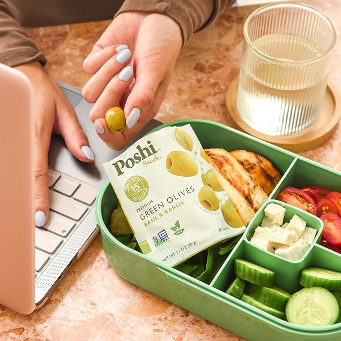 POSHI Green Pitted Olives - Basil & Garlic | Vegan, Kosher, Gluten Free + Keto Friendly, Fresh, Low Calorie Healthy Snacks | (30 Pack, 1.1oz Bags)