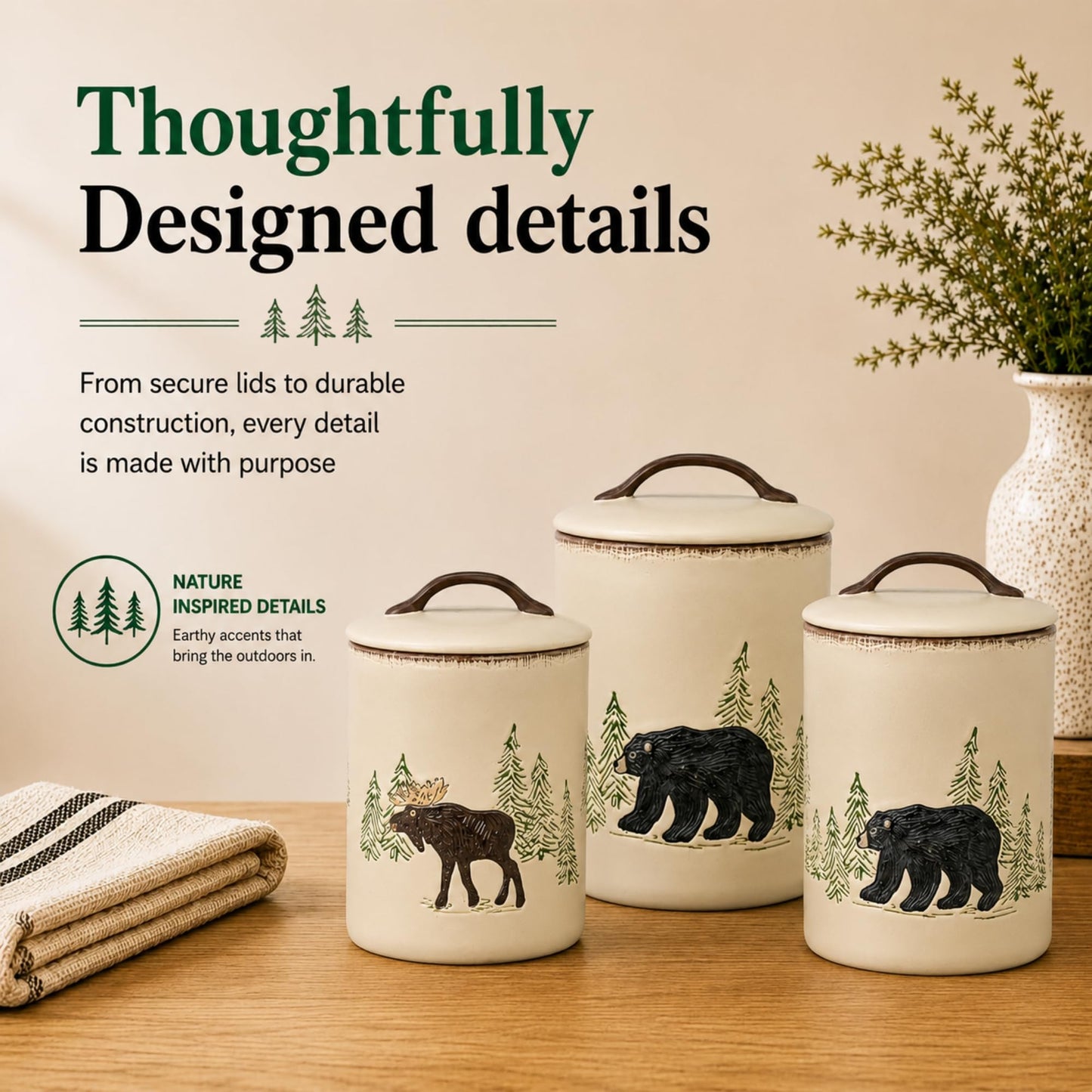 Park Designs Stoneware Rustic Retreat 3 Piece Canister Set | Farmhouse Rustic Countertop Storage |