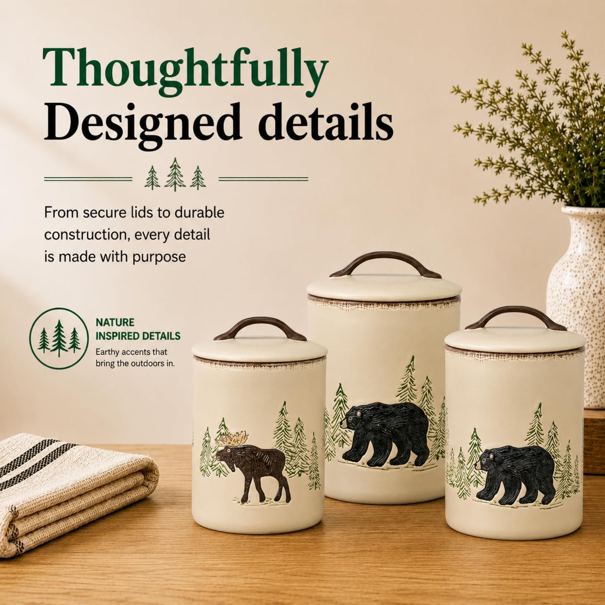 Park Designs Stoneware Rustic Retreat 3 Piece Canister Set | Farmhouse Rustic Countertop Storage |