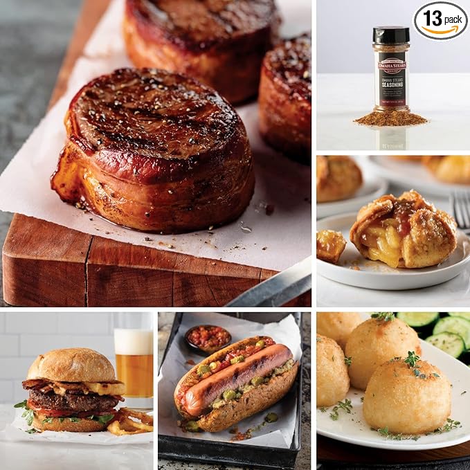 Omaha Steaks Deluxe Ribeye Gift Box (4 Bacon-Wrapped Ribeyes, 4 Omaha Steaks Burgers, 4 Gourmet Jumbo Franks, 4 Potatoes au Gratin, 4 Caramel Apple Tartlets, 1 jar Seasoning)