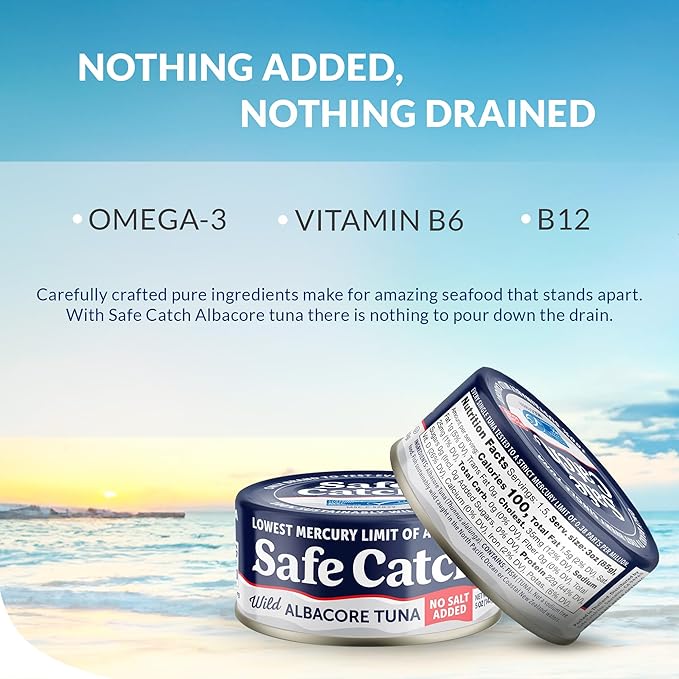 Safe Catch Canned Lowest Mercury Limit Albacore Tuna Fish No Salt Added, Wild Caught, Gluten-Free, Kosher, Whole30 Approved, Keto, 5oz Can, 12-Pack