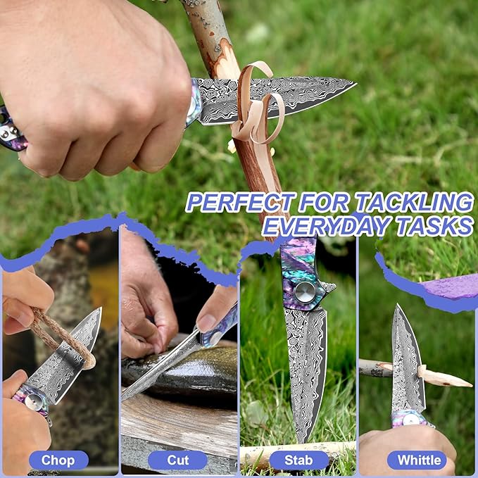 Benkey Damascus Pocket Knife, Sharp VG10 Core Damascus Steel Folding Knives with Leather Sheath, Unique Abalone Seashells Handle, Ball Bearing, Liner Lock, Original EDC Damascus Knife for Men Women