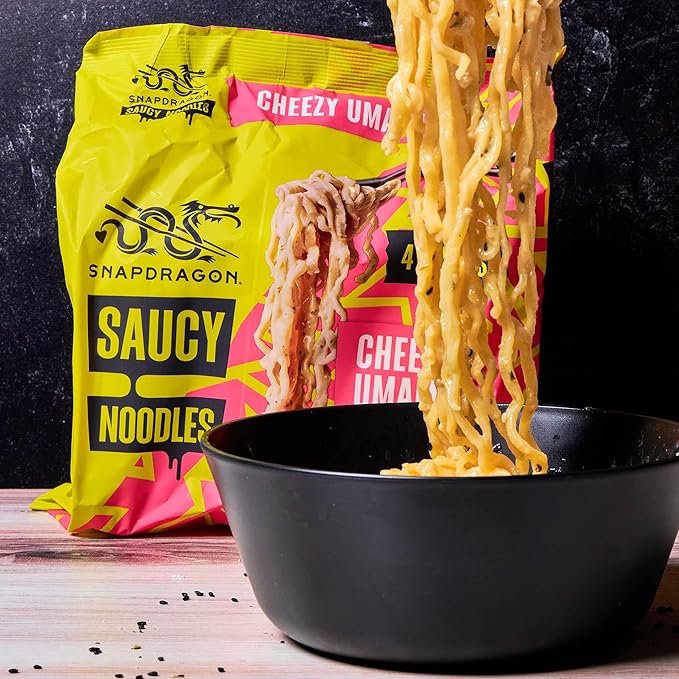 Snapdragon Saucy Instant Noodles with Cheezy Umami, Savory Slurpable Sauce - Quick Meal, Snack, and Lunch. 4-Pack Microwave Noodles for Cup, Bowl, Cheddar Cheese Ramen or Asian Stir Fry