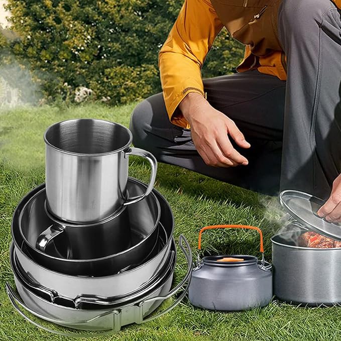 Stainless Steel Camping Cookware Set with Pot, Pan, Plates and Cups, Portable Folding Outdoor Cooking Kit for Picnic, BBQ and Travel