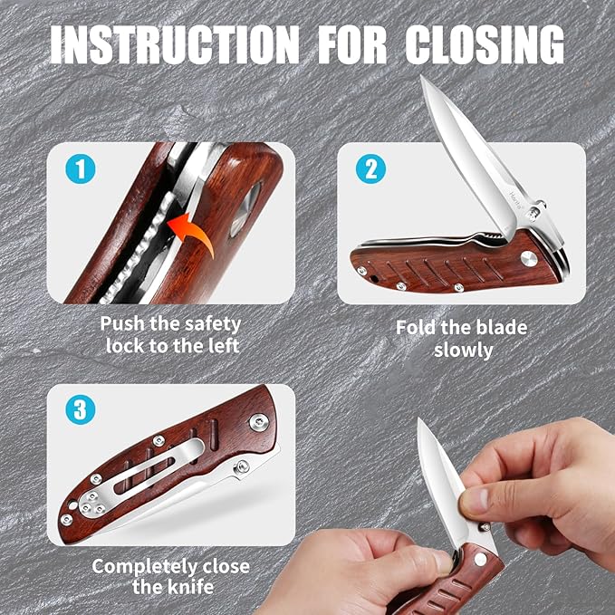 Harita Pocket Knife Folding Knife EDC Knife with Pocket Clip, 2.76 inch 8Cr13MoV Steel Blade, Rosewood Handle, Foldable Camping Fishing Survival Hunting Liner Lock Knife for Men Women