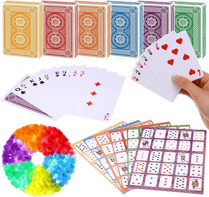 Zubebe 642 Pack Poker Keno Game Set, 6 Deck of Multicolor Playing Cards, 600 Transparent Scoring Chips, Large Boards, Poker Bingo Set Keno Board Game for Family Gathering Casino Play Night (Mixcolor)