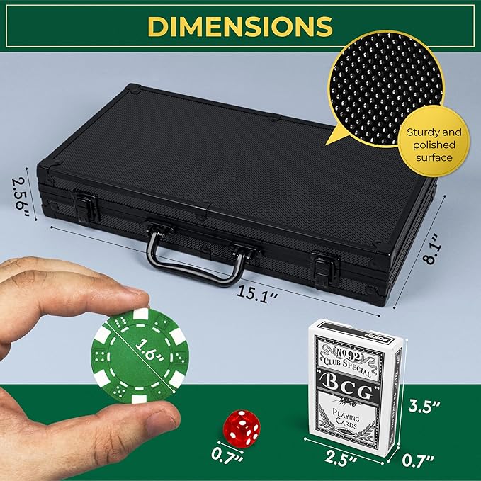 Poker Set with 300 Poker Chips 11.5 Gram for Texas Holdem ??Professional Weight Poker Chips Set with 2 Decks Cards, Big Small Dealer Buttons, and Dices ??Premium Poker in Aluminum Case