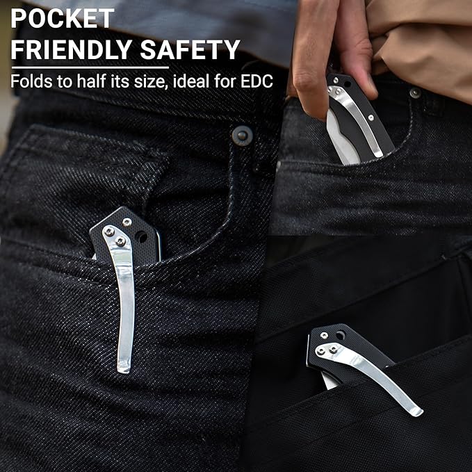 Pocket Folding Knife - 3.39" D2 Sheepsfoot Blade Stonewashed Finish - G10 Handle with Thumb Stud - EDC Knife for Men Women - Camping Hiking Survival Prepper