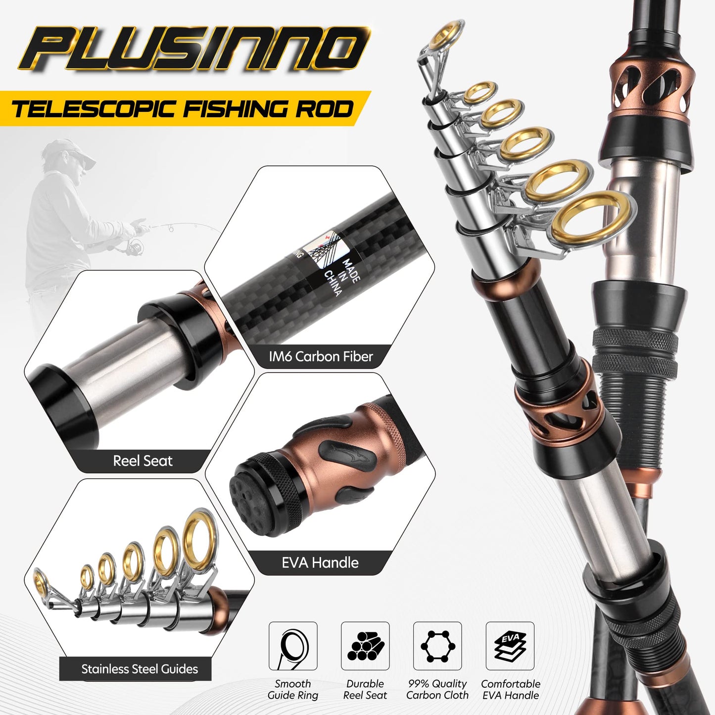 PLUSINNO Fishing Rod and Reel Combos - Carbon Fiber Telescopic Fishing Pole - Spinning Reel 12 +1