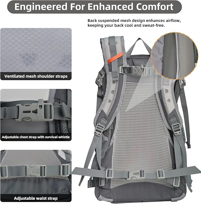 30L Hiking Backpack Lightweight Waterproof and Durable Backpack with Ventilated Sweat-Wicking Internal Frame Daypack for Men and Women Camping Travel and Outdoor Adventures,Grey