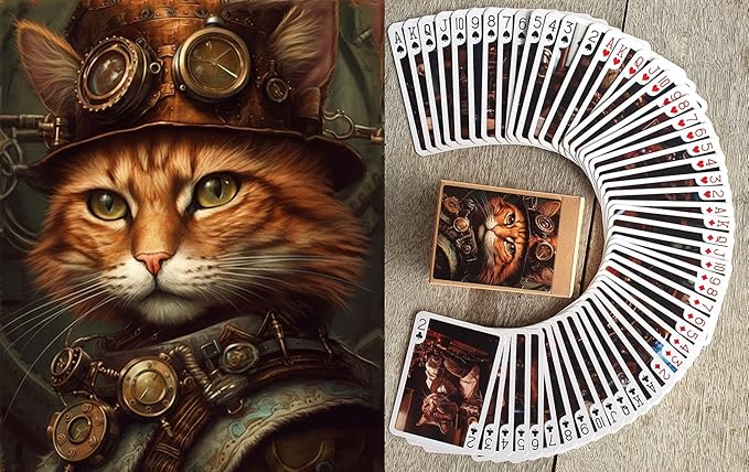 Steampunk Cats Playing Cards (Poker Deck 54 Cards All Different) Cats Working in Steampunk Office in Dieselpunk Machinery SciFi Posters