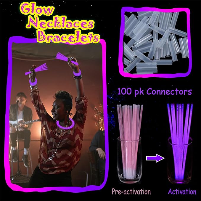 100 pk 8" Purple Glow Sticks Bulk Party Favors, Light up Glow Necklaces & Bracelets in the Dark Party Supplies For Christmas Halloween Mardi Gras Birthday Neon Party (100 * Purple)