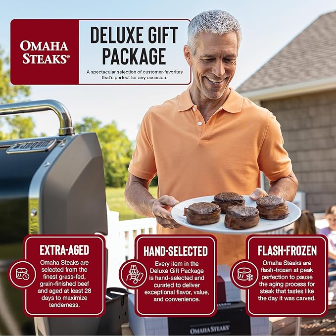 Omaha Steaks Deluxe Gift Package (4 Bacon-Wrapped Filet Mignons, 4 Steak Burgers, 4 Gourmet Jumbo Franks, 4 Potatoes au Gratin, 4 Caramel Apple Tartlets, 1 jar Omaha Steaks Seasoning)