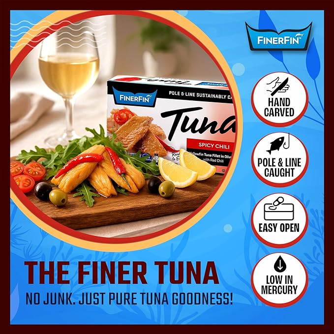 FinerFin Yellowfin Tuna Salad in Organic Olive Oil | Spicy Chili Flavor | Premium Canned Tuna Fish with EVOO | Gourmet Ready-to-Eat Wild-Caught Fillets | 4.4oz can - 12 Pack