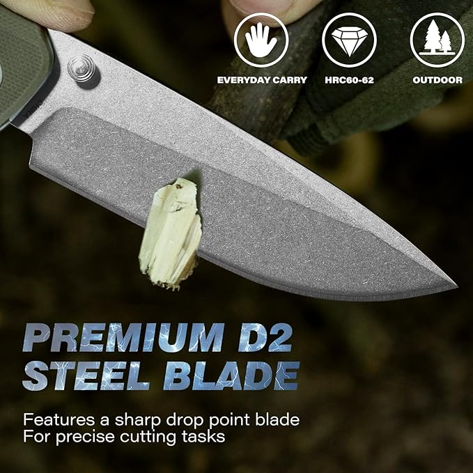 Axis Lock Folding Pocket Knife with Clip, 3.46" D2 Steel Drop Point Blade and G10 Handle, Crossbar Lock EDC Pocket Knife for Men Women Hiking Camping Hunting Survival Knives